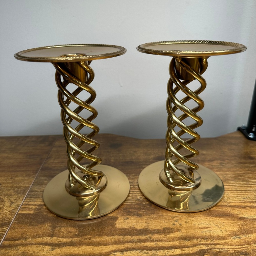Vintage Brass Spiral Helix Candlestick‎ Holders Pair Made in India Gold 7.5 Inch